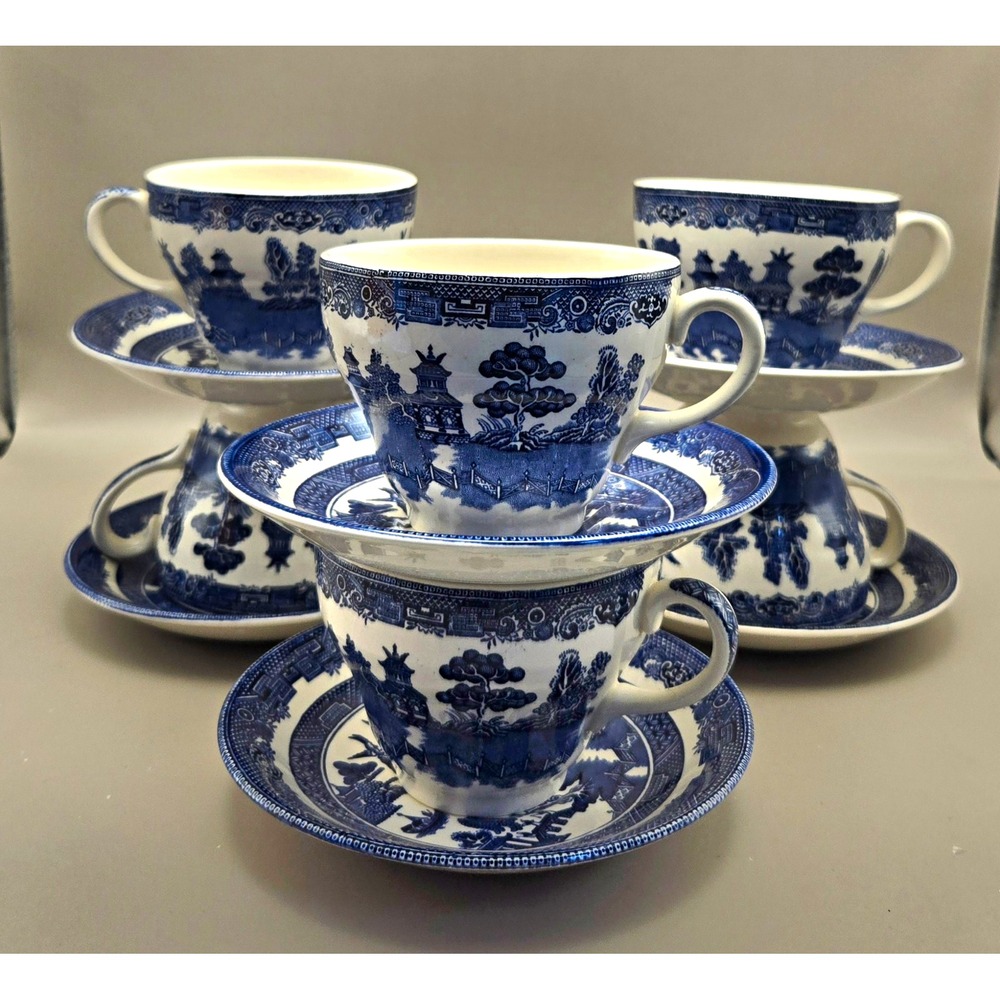 Vintage 6 sets Johnson Bros. Willow Blue Ceramic Teacups & Saucers England (Box)